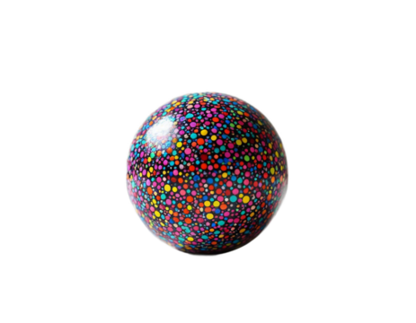 A colorful spherical artwork with a speckled design. The sphere showcases a vibrant array of colors arranged in a speckled pattern, creating a captivating visual effect