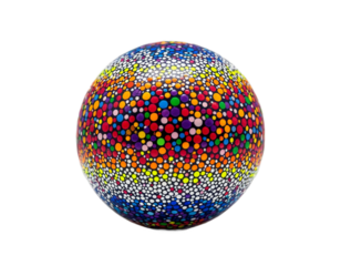 A colorful sphere filled with vivid dots in a creative art style. The dots are arranged in a unique pattern, giving the sphere an eye-catching appearance. 
