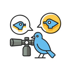 Blue Bird with Telescope and Speech Bubbles - Modern Graphic Illustration