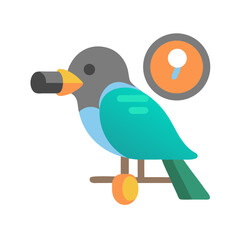 Stylized bird illustration with vibrant teal, green, and gray colors on a black background