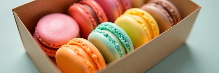 Close-up of assorted pastel macarons in a recyclable cardboard box, delicious, sweet, cookies