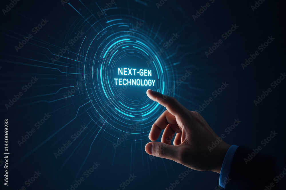 Poster a hand interacts with a futuristic digital interface symbolizing innovation and strategy highlightin