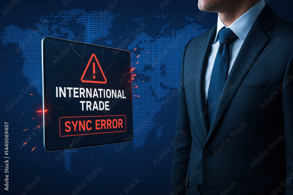 Aufkleber a businessman analyzes a digital panel displaying a sync error in international trade highlighting t