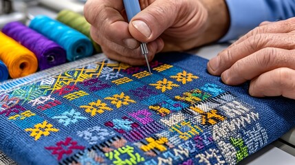 Close up Hands Needlepoint Embroidery Colorful Fabric Textile Craft Artisan