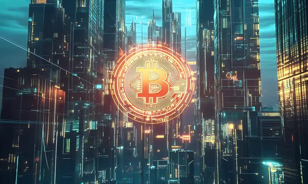 Bitcoin glowing in a futuristic digital world, symbolizing cryptocurrency, blockchain, and modern finance technology.