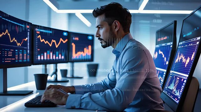 Financial Analyst Working in a Modern Office, Monitoring Stock Market Trends on Multiple Screens with Graphs and Data


