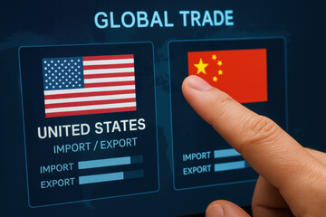 A strategic business decision is illustrated by a hand interacting with digital flags the United States and China highlighting global trade dynamics and growth opportunities