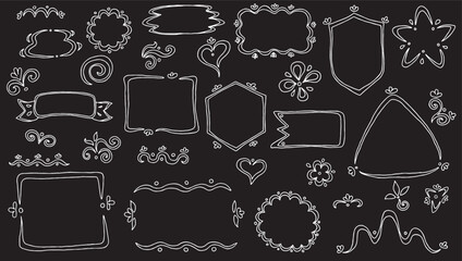 set of cute hand drawn label frames with white curved lines and plant elements on black background: flower labels, shield, hexagon, triangle, ribbon label, tape, flowers, wavy lines