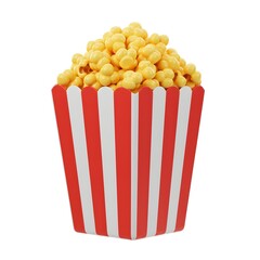 A close up shot of popcorn overflowing from a red and white striped container on a white background