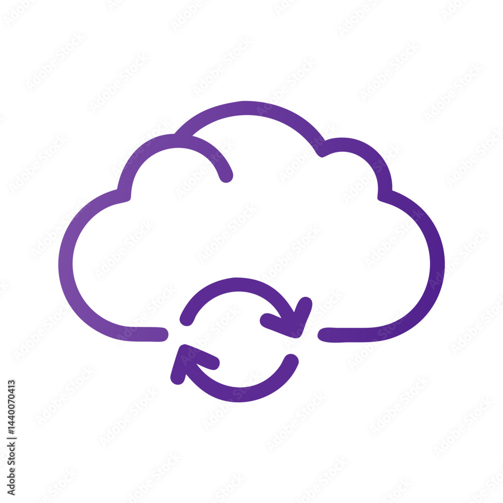 Poster cloud computing refresh icon: purple cloud with arrows, data syncing