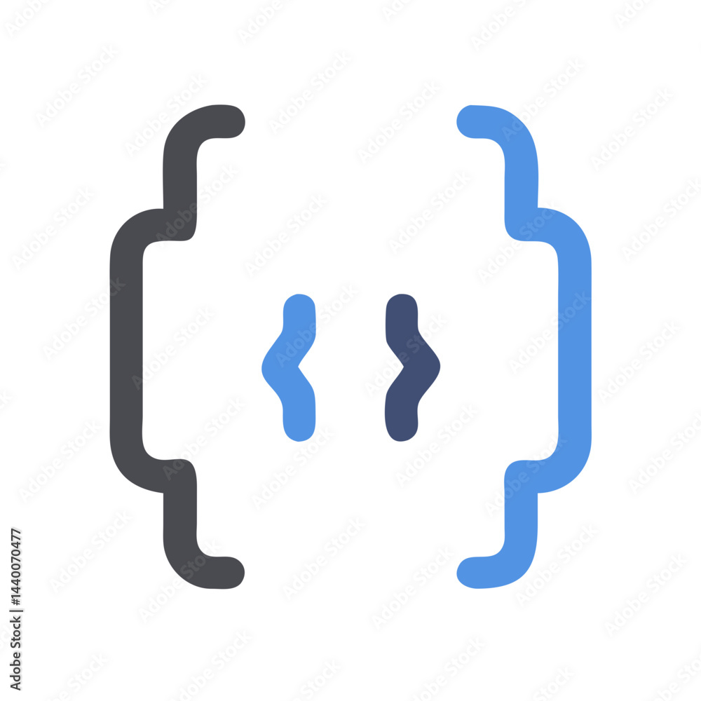 Poster bracket symbols: code, programming, development icon in grey and blue