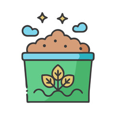 Plant Pot Vector Icon: Soil, Seedlings, Clouds, and Stars Illustration