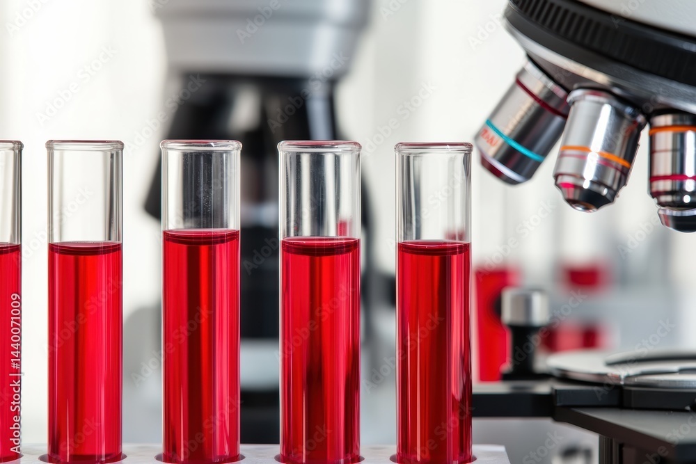 Aufkleber close-up view of red liquid filled test tubes beside a microscope in a laboratory setting