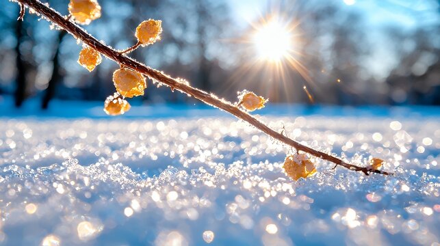Branch on Snowy Ground with Sparkling Sunlight