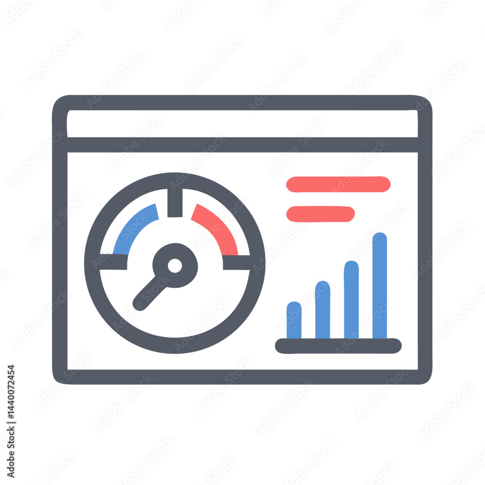 Poster website performance dashboard with gauge and bar graph icon illustration