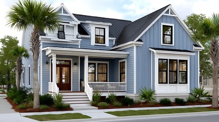Fototapeta premium Charming Coastal Blue Farmhouse Exterior with Black Windows and Palm Trees