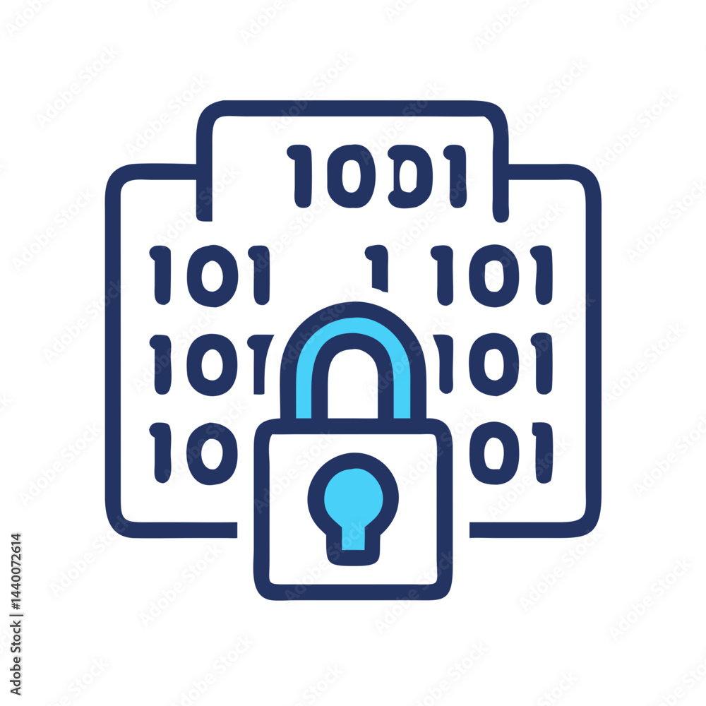 Poster data security icon: padlock protecting binary code, cybersecurity concept
