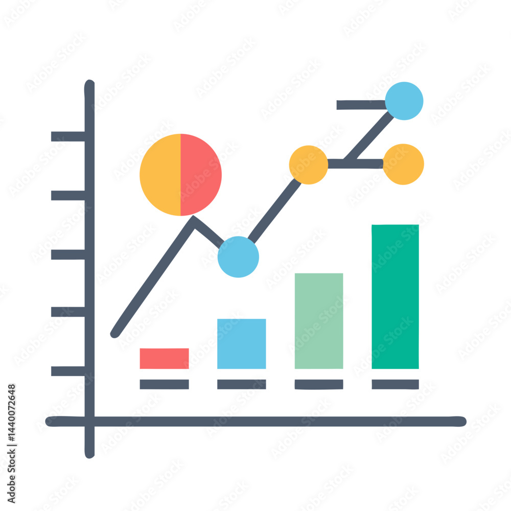 Poster colorful business graph with line chart and bar chart on black background