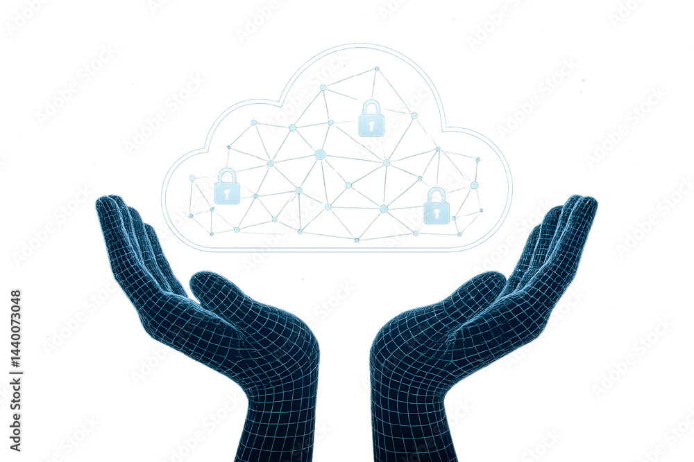 Poster digital cloud security isolated transparent png graphic with protective hands and locked cloud netwo