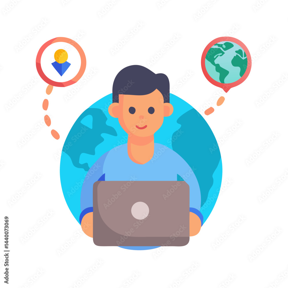 Poster global connectivity: man using laptop with location and world icons
