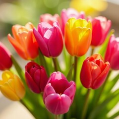 Close up of bright tulips in various colors arranged in a beautiful bouquet, bright, tulips, colorful
