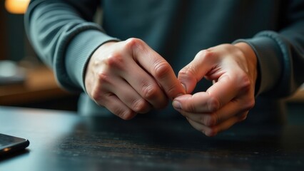 Close-up of caucasian male hands in thoughtful gesture indoors.