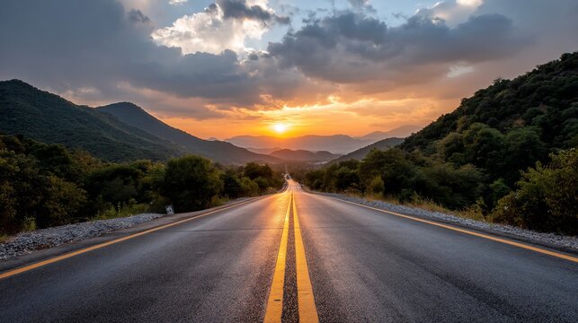 Scenic highway leading to sunset over mountain range.  Possible use travel brochure, tourism advertisement, inspirational poster