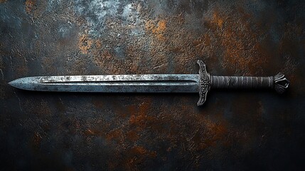 Sword on rusty metallic background with ornate hilt and T-shaped guard.