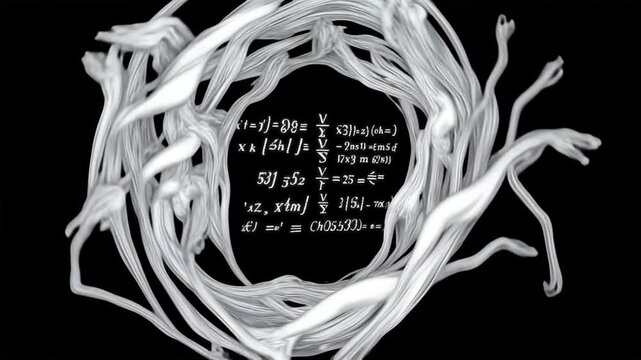 Abstract white fibrous ring with scientific formulas on black background