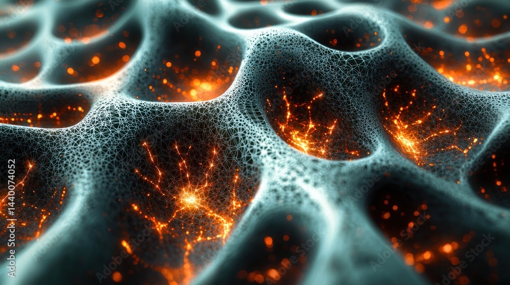 Poster abstract network: glowing energy flowing through a complex cellular structure