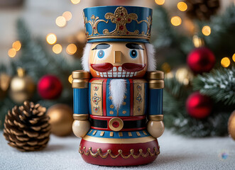 Fototapeta premium Festive Christmas Nutcracker Figurine with Holiday Decorations and Bokeh Lights in Background