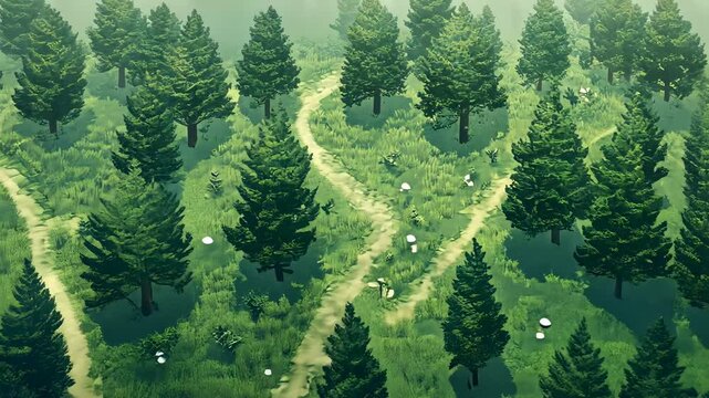A dense, procedurally generated forest filled with diverse trees, wildlife, and winding paths. Video game concept art.