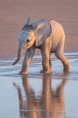 Tiny baby elephant playing in a shallow river