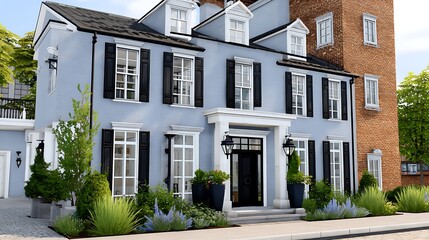 Fototapeta premium Elegant Two Story Light Blue House with Black Shutters and Lush Landscaping