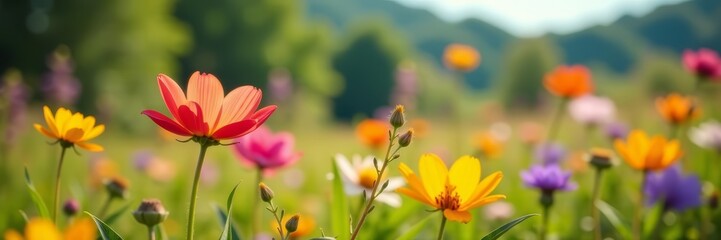 Naklejka premium Close-up of colorful wildflowers in meadow with blurred background, wildflowers, close-up, colorful
