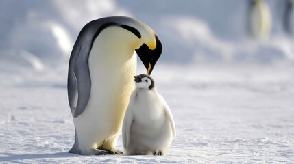 penguin mother and baby standing on the ice.