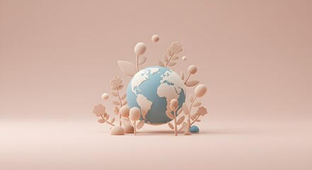 Obraz premium Sustainable Earth 3D Render of Planet Earth Surrounded by Blooming Plants, Representing Environmental Conservation and Sustainability Efforts for a Greener Future
