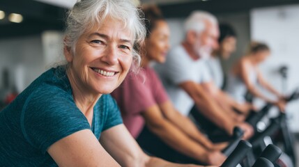 Fototapeta premium people riding stationary bikes in a gym.