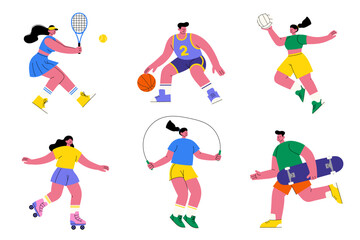 Young people doing summer sports activities in flat vector style – playing tennis, basketball, volleyball, roller skating, skateboarding, and jumping rope. Perfect for fitness and recreation themes.