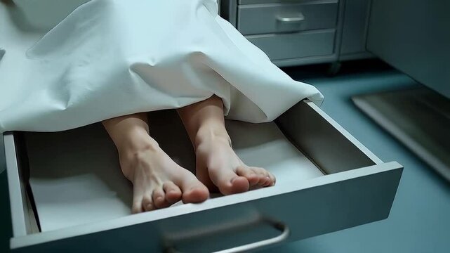 A young body lies in a shelf in the morgue