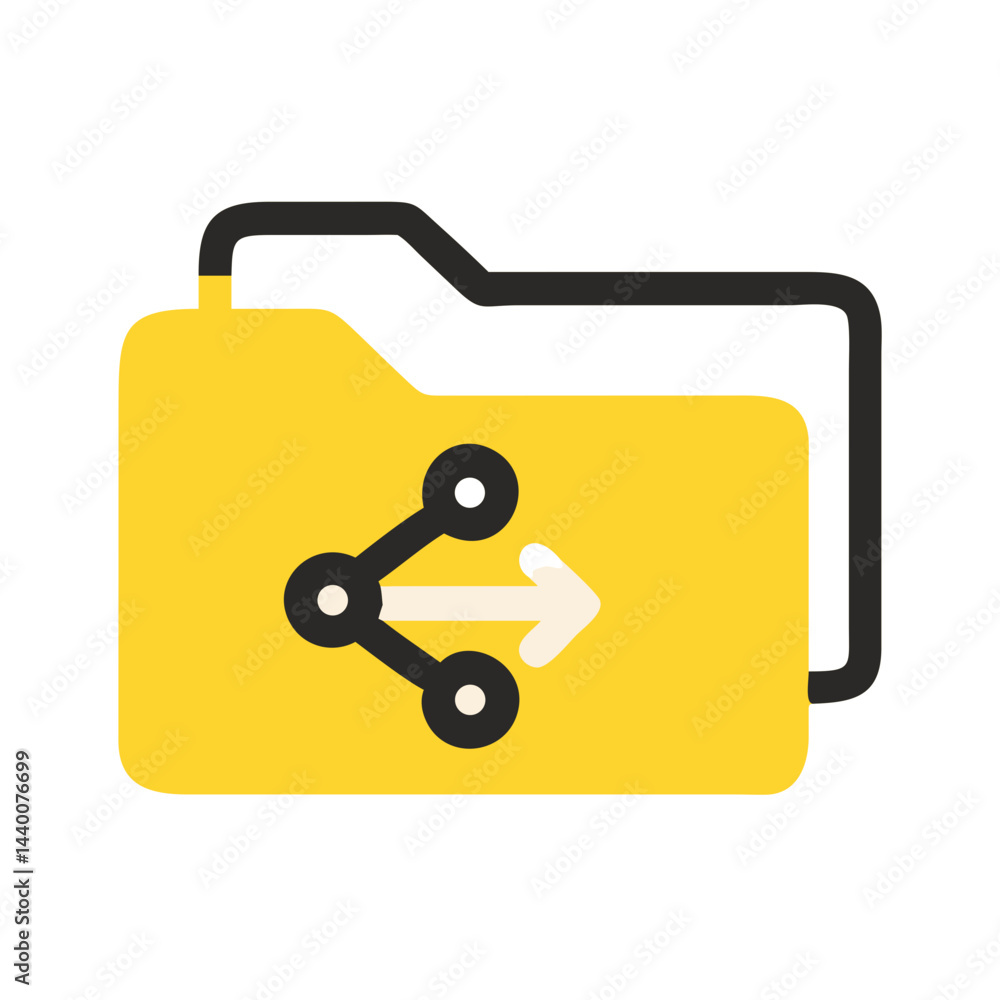 Poster yellow folder with a sharing link arrow on black background icon