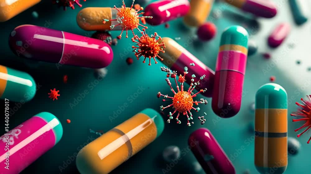 Poster exploring the clash between colorful capsules and vibrant viruses in a dynamic health landscape gene