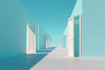 Obraz premium Open white doors in a light-blue hallway, suggesting choices, opportunities, or new beginnings. Minimalist design, creating a calm and serene atmosphere
