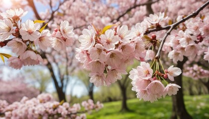 Fototapeta premium Pink cherry blossoms bloom on a tree branch, a floral beauty of spring's season