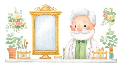 Watercolor Illustration of an Elderly Gentleman at his Vanity