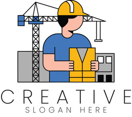 Construction Worker Safety Vest Crane Building Site Design Illustration job icon logo flat blue gray