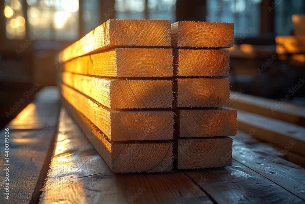 Poster stacks of wood illuminated by warm sunlight in a workshop setting