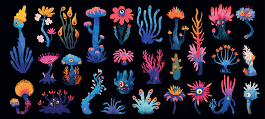 Alien plants. Cartoon magical fantasy forest flowers algae with eyes, scary carnivorous flora set vector illustration