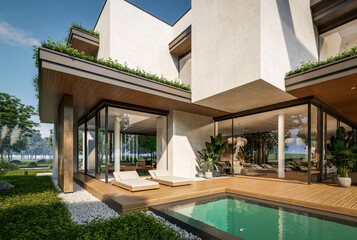 Fototapeta premium 3d rendering of two-story house with parking and pool for sale or rent with concrete facade and beautiful landscaping on background. Clear sunny summer day with blue sky.