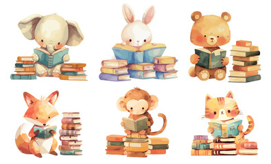 Animals reading. Watercolor elephant bunny bear fox monkey cat holding books, kids education library literature set vector illustration